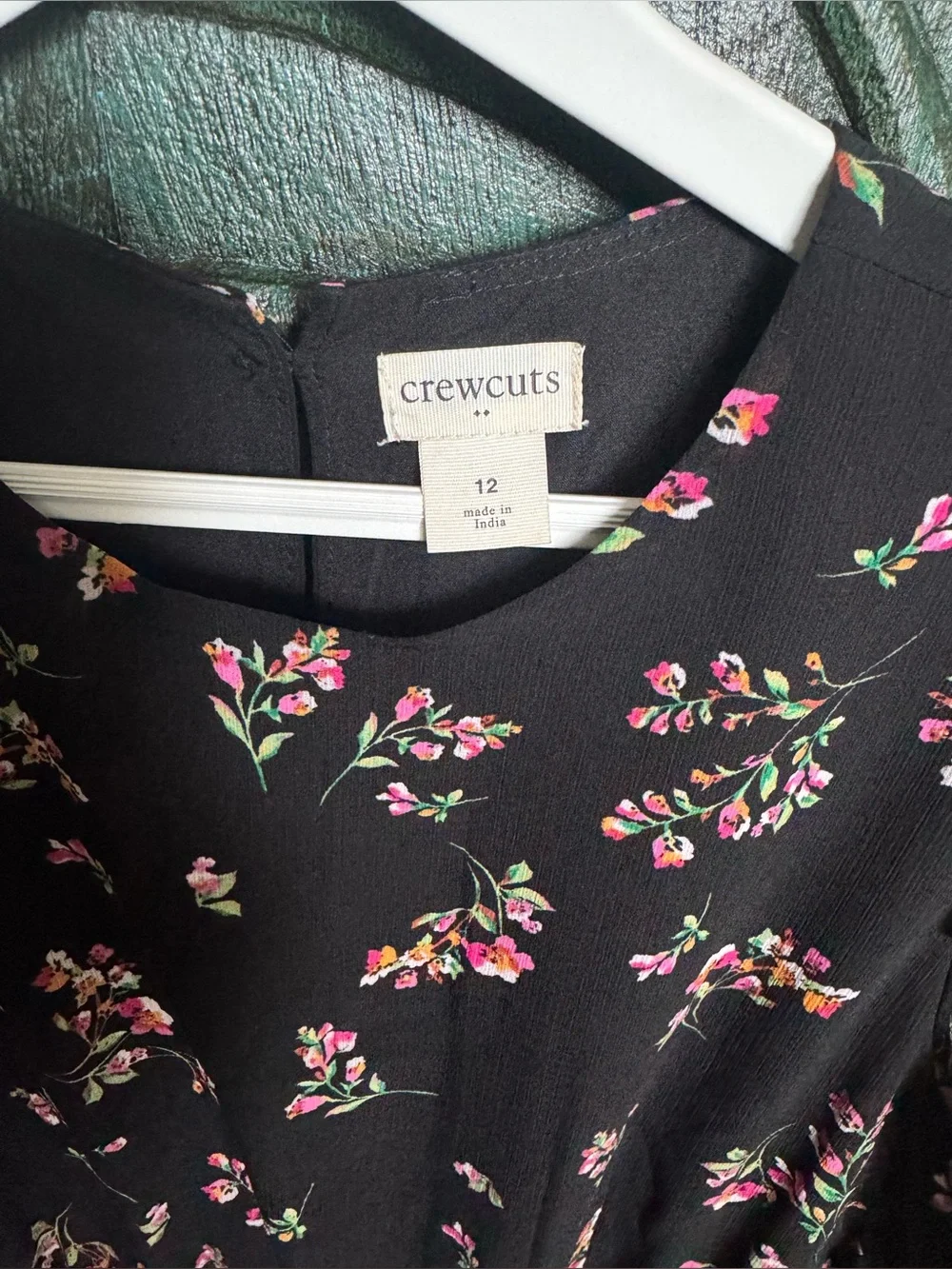 Crewcuts Black Dress with Pink & Green Floral Sprigs